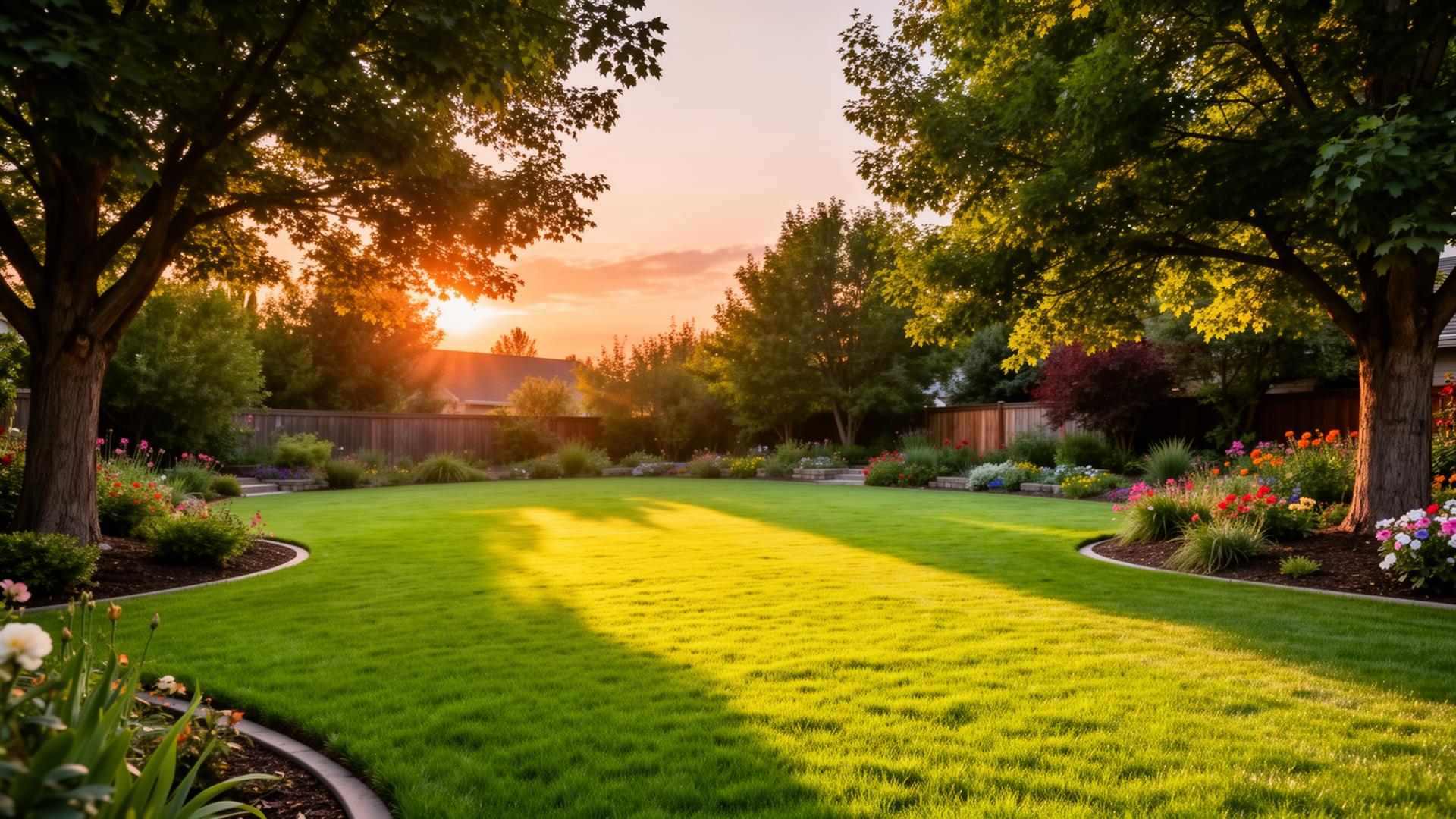 Lush manicured backyard at sunset in Boise, Idaho